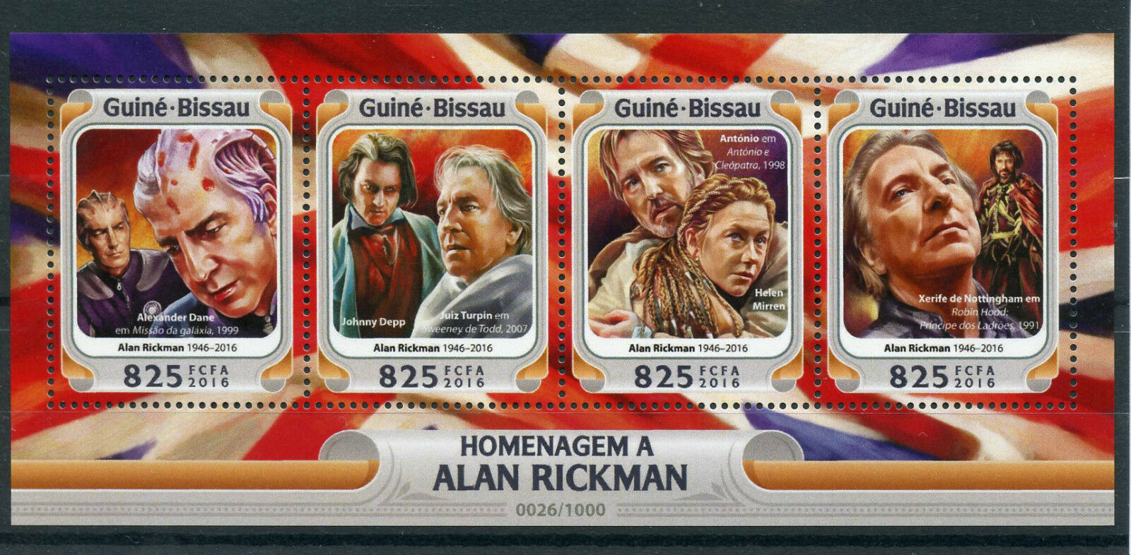 Guinea-Bissau 2016 MNH Alan Rickman 4v M/S Johnny Depp Helen Mirren Stamps