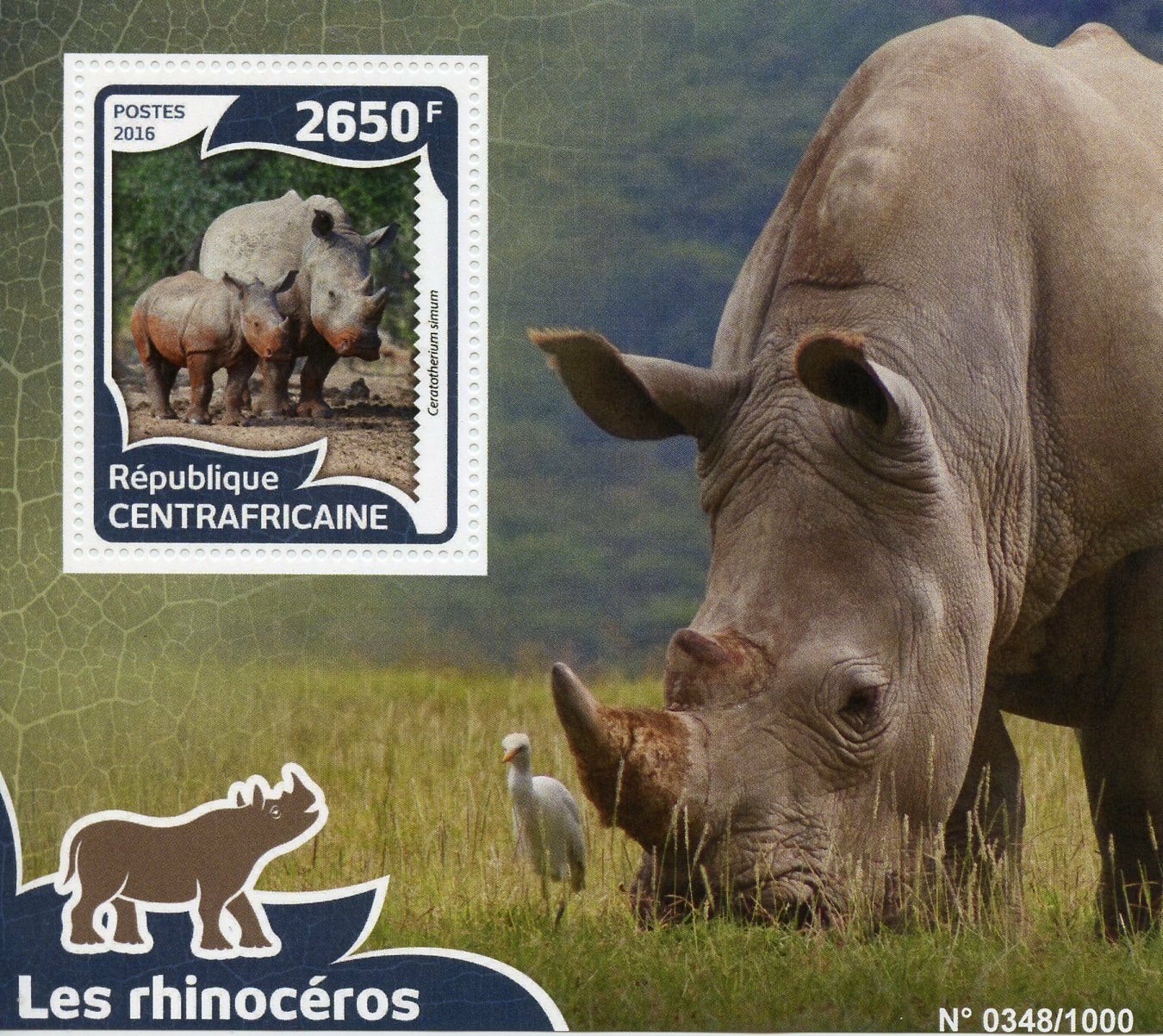 Central African Republic 2016 MNH Rhinoceros 1v S/S White Rhinos