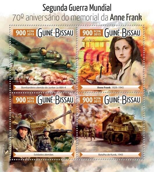 Guinea-Bissau 2015 MNH Military Stamps WWII WW2 Anne Frank Aviation Tanks 4v M/S