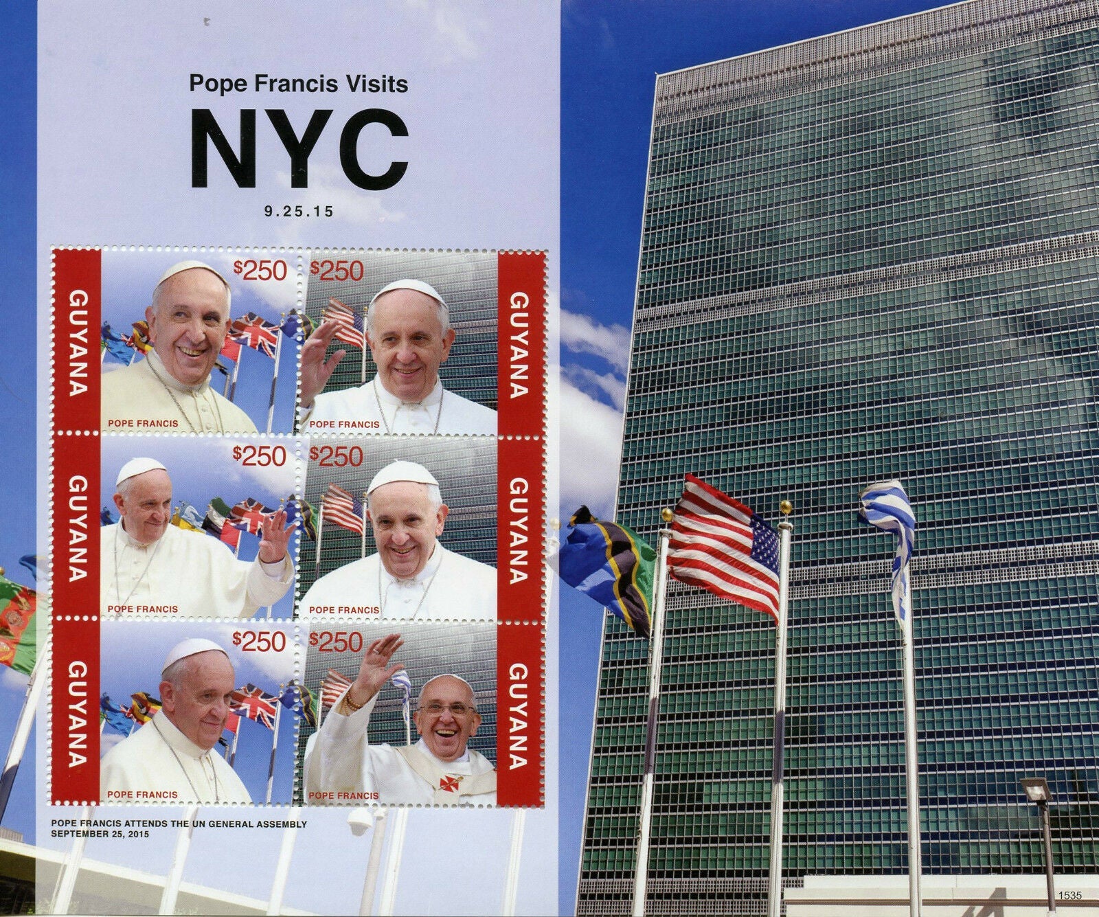 Guyana 2015 MNH Pope Francis Stamps Visits New York NYC United Nations Flags 6v M/S