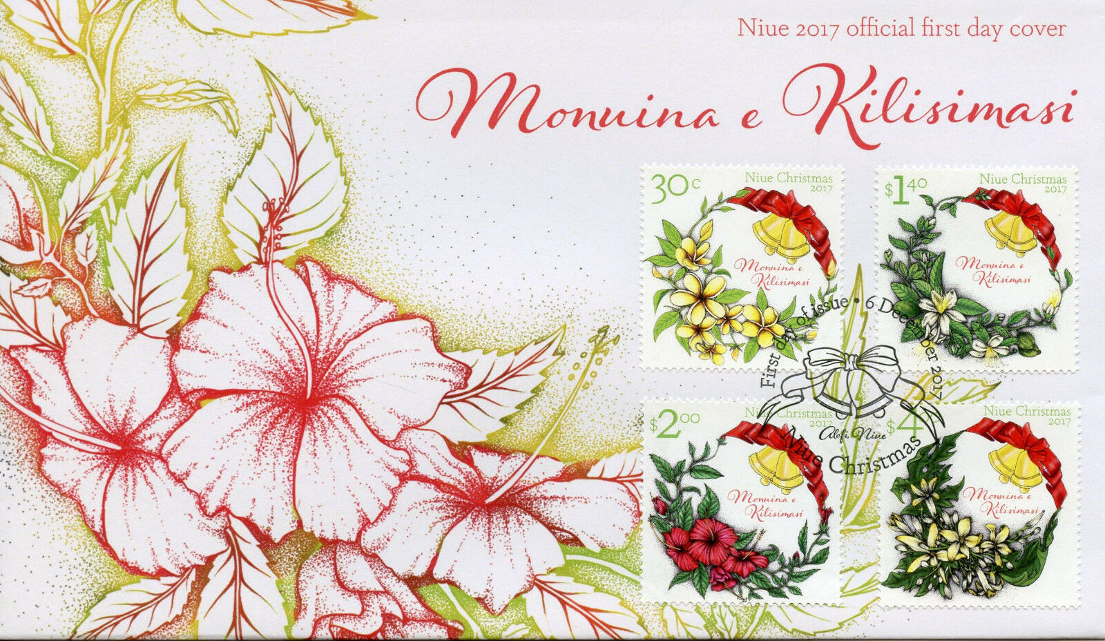 Niue 2017 FDC Christmas Wreaths Bells Flowers Plants 4v Set Cover Stamps