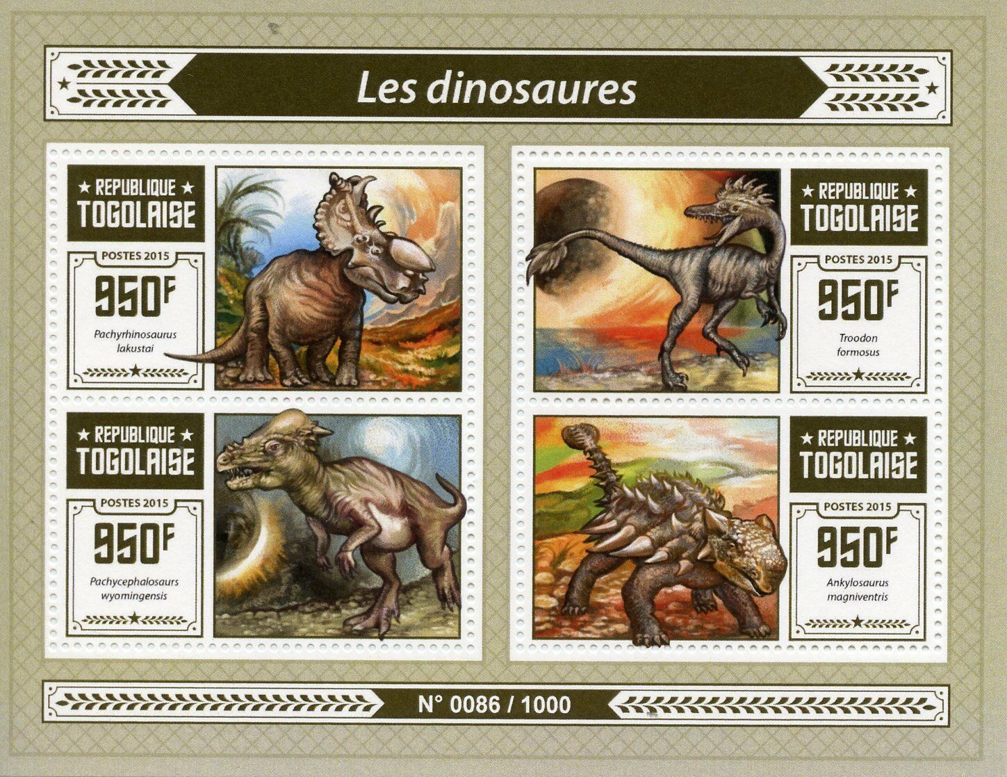 Togo 2015 MNH Dinosaurs 4v M/S Troodon Ankylosaurus Pachyrhinosaurus