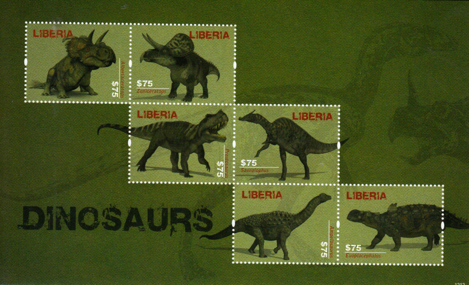 Liberia 2012 MNH Dinosaurs Prestosaurus Saurolophus Ampelosaurus 6v M/S Stamps
