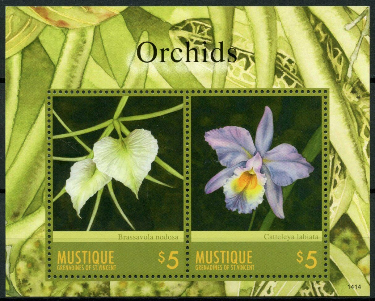 Mustique Gren St Vincent Flowers Stamps 2014 MNH Orchids Fllora Nature 2v S/S I
