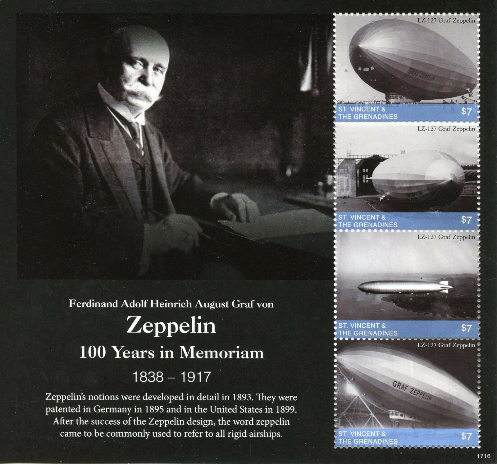 St Vincent & Grenadines 2017 MNH Graf Zeppelin Zeppelins 4v M/S Aviation Stamps