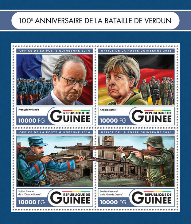 Guinea Military Stamps 2016 MNH WWI WW1 Battle of Verdun Angela Merkel 4v M/S