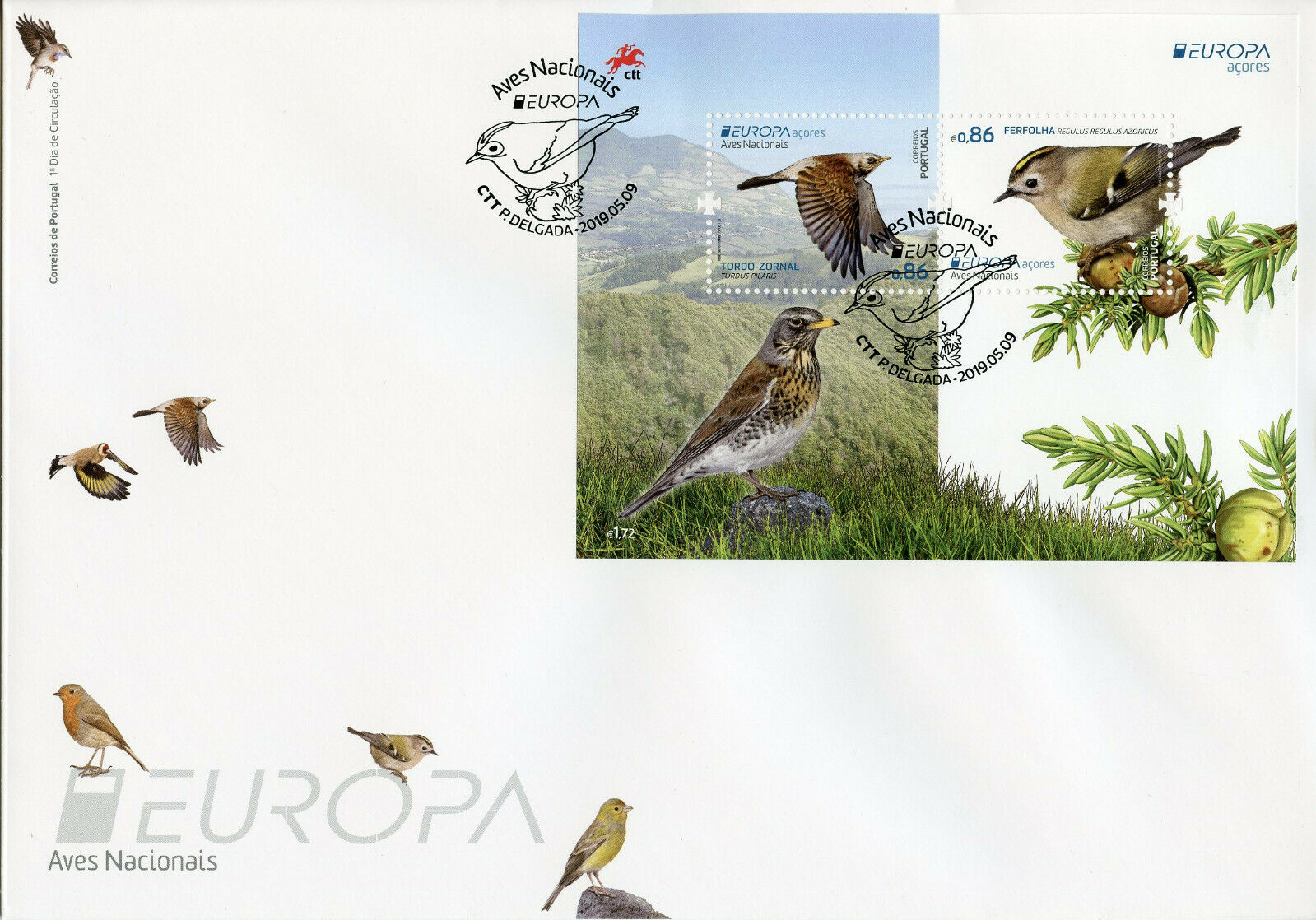 Portugal Azores 2019 FDC Birds Europa Goldcrest Fieldfare 2v M/S Cover Stamps