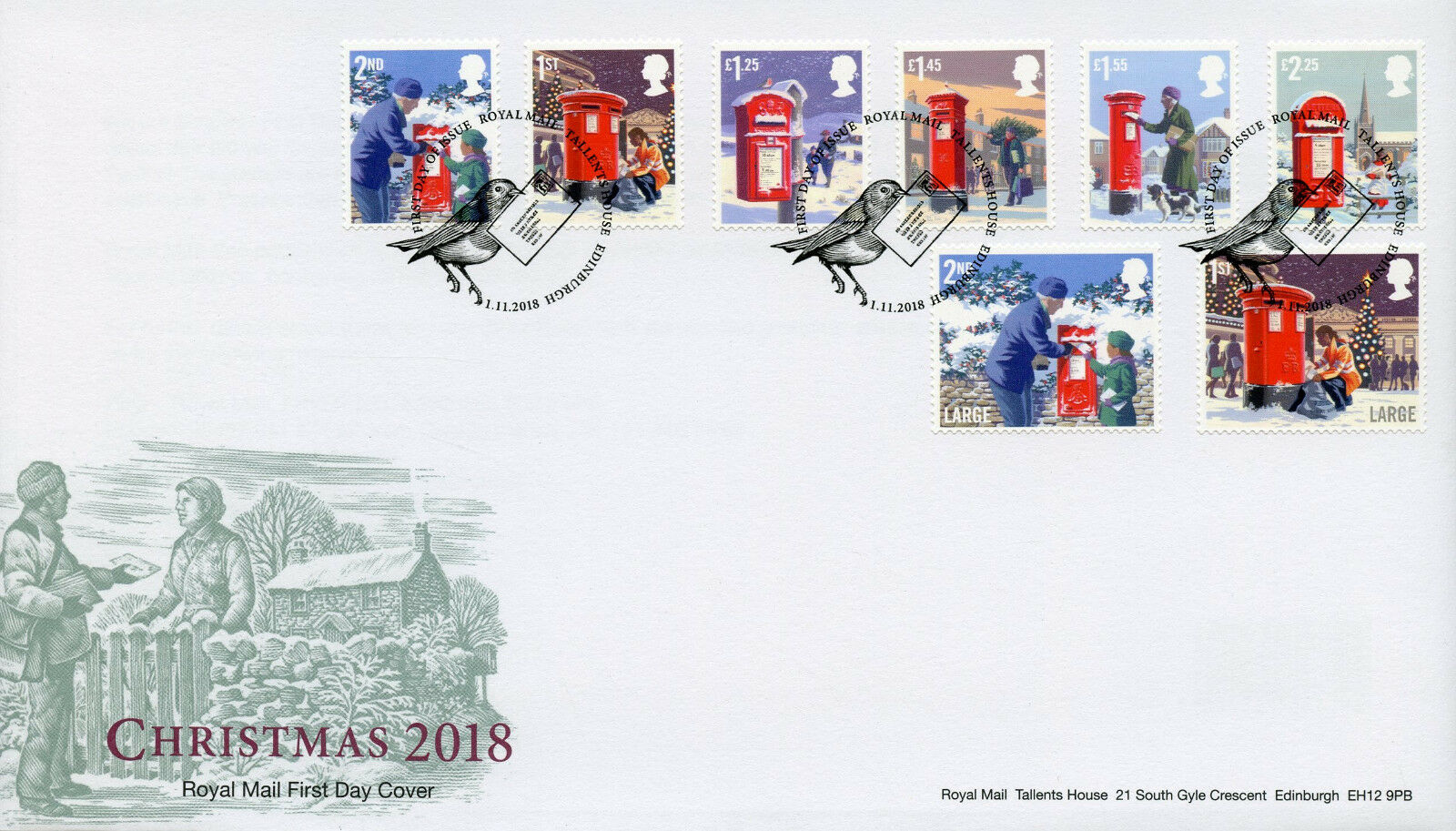 GB 2018 FDC Christmas Letter Pillar Boxes 8v S/A Set Cover Stamps