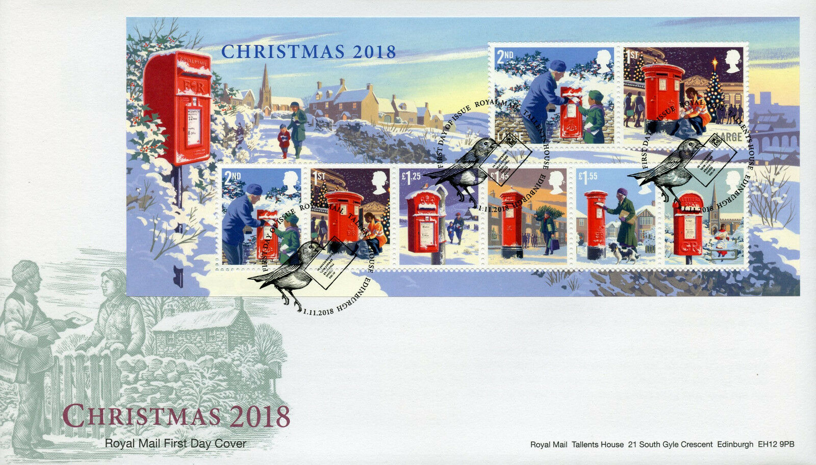 GB 2018 FDC Christmas Letter Pillar Boxes 8v M/S Cover Stamps