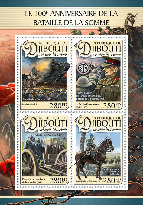 Djibouti Military Stamps 2016 MNH WWI WW1 Battle of Somme Tanks Horses 4v M/S