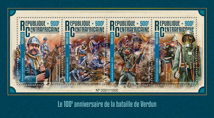 Central African Rep Military Stamps 2016 MNH WWI WW1 Battle of Verdun 4v M/S