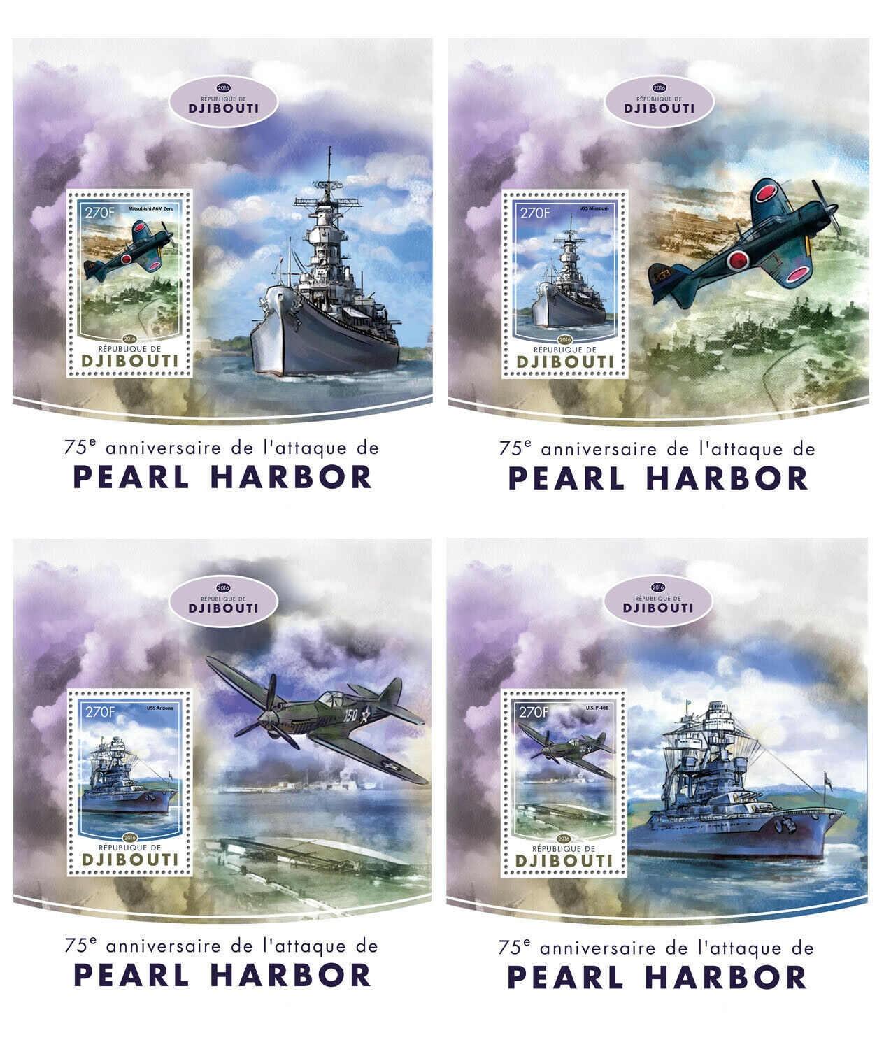 Djibouti Military Stamps 2016 MNH WWII WW2 Pearl Harbor Ships Aviation 4x 1v S/S