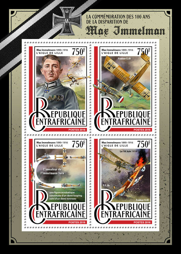 Central African Rep 2016 MNH Military Stamps WWI WW1 Max Immelmann Aviation 4v M/S