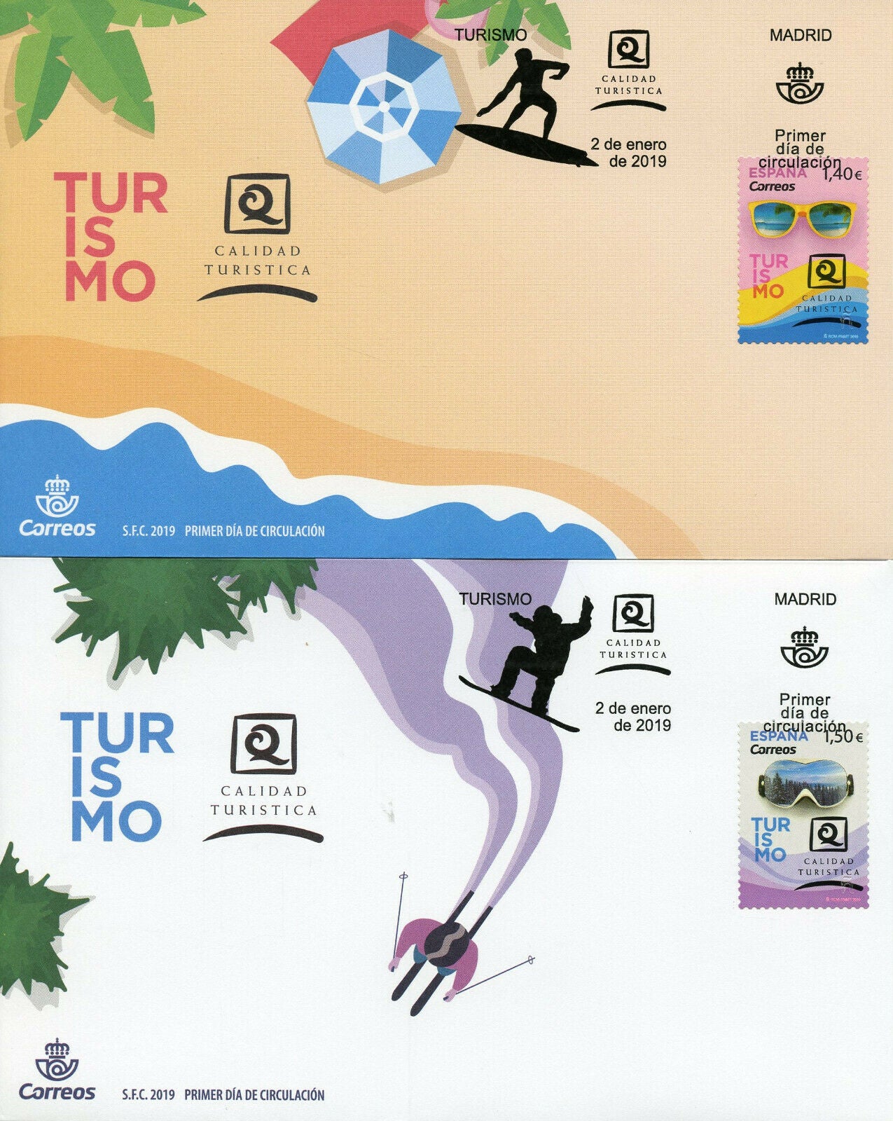 Spain 2019 MNH Tourism Beach Skiing Calidad Turistica Trees 2v on 2 Cover Stamps