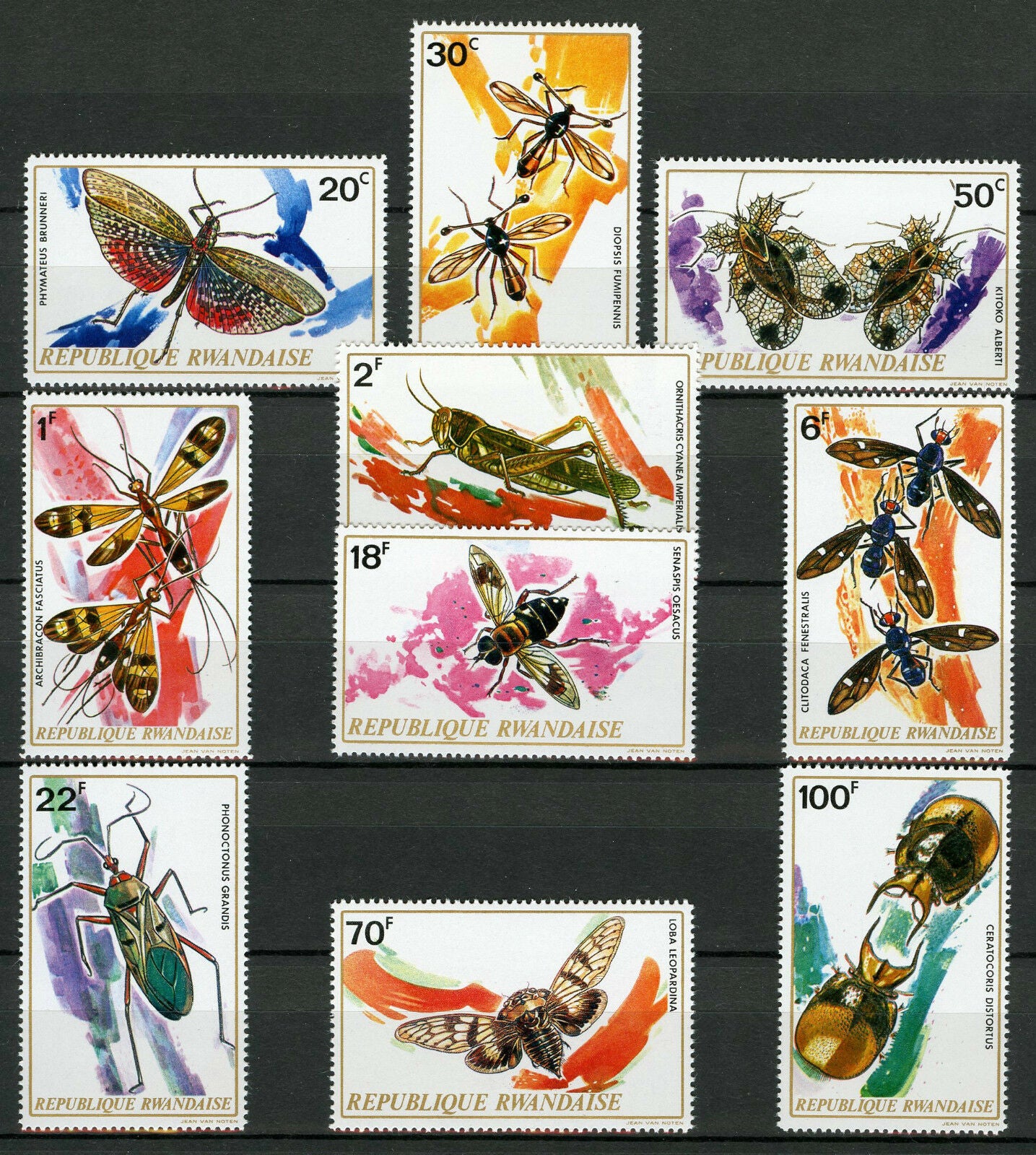 Rwanda 1973 MNH Insects 10v Set Flies Beetles Butterflies Moths Stamps