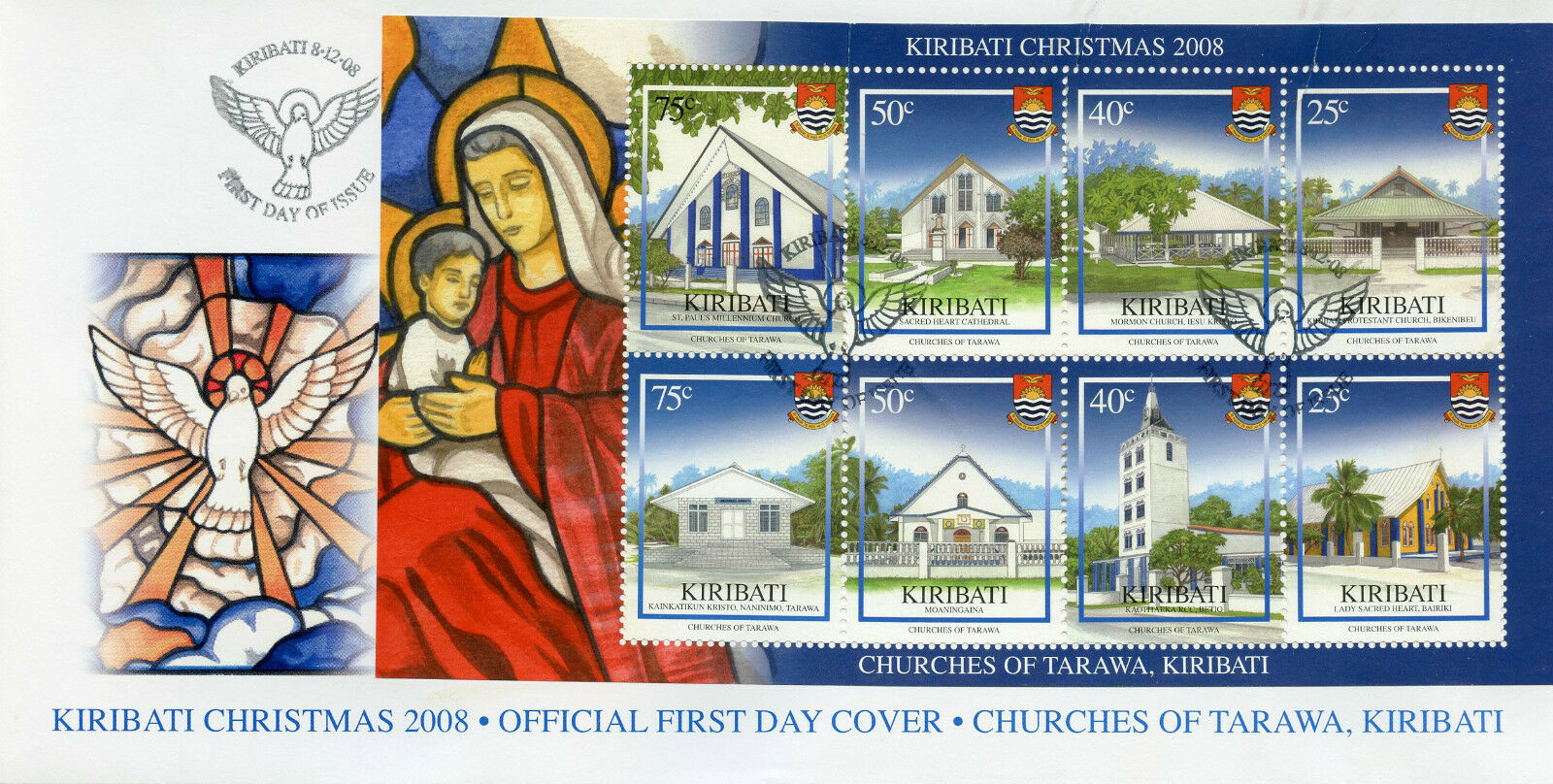 Kiribati 2008 FDC Christmas Stamps Churches of Tarawa Architecture 8v M/S