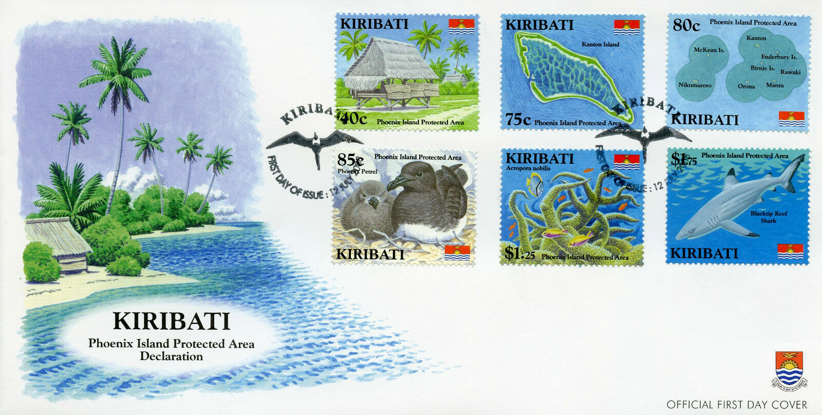 Kiribati 2008 FDC Birds on Stamps Phoenix Island Protected Area Sharks Marine Animals 6v Set