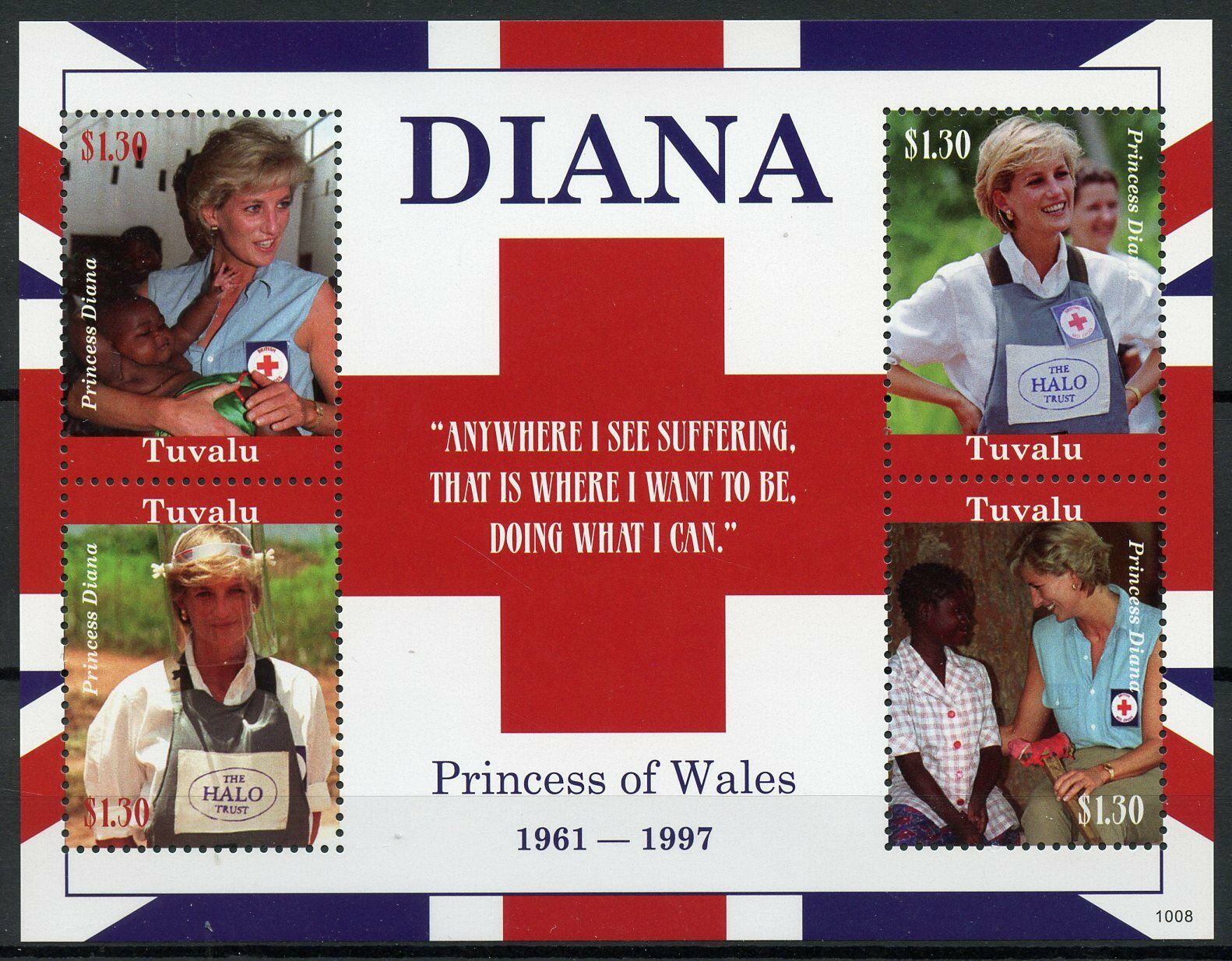 Tuvalu 2008 MNH Royalty Stamps Princess Diana of Wales Famous People 4v M/S