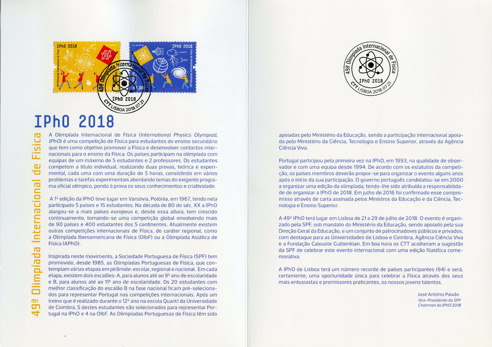 Portugal 2018 CTO 49th Physics Olympiad IPhO 2v Special Folder Science Stamps