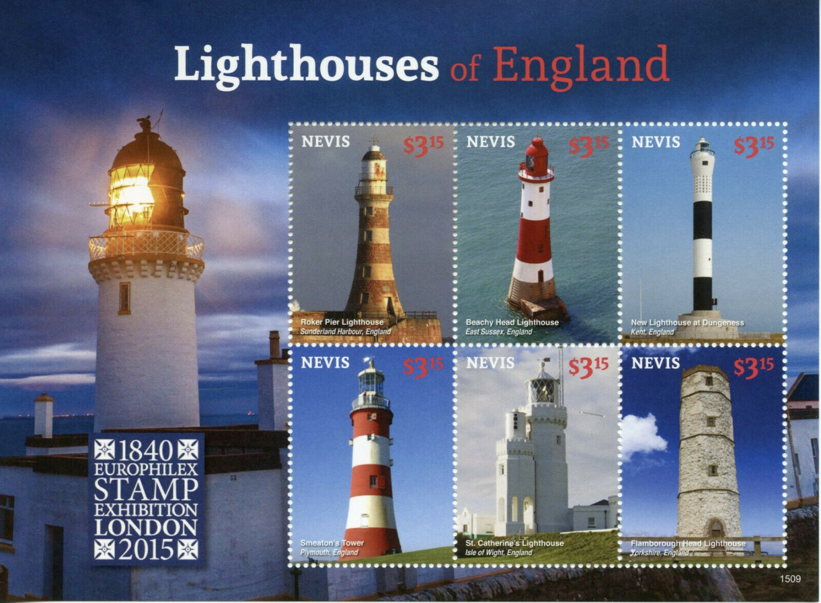 Nevis 2015 MNH Architecture Stamps Lighthouses of England Europhilex Roker Pier 6v M/S