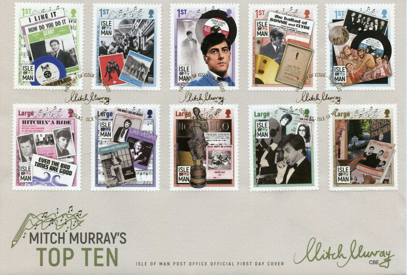 Isle of Man IOM Music Stamps 2020 FDC Mitch Murray Top Ten 10v Set
