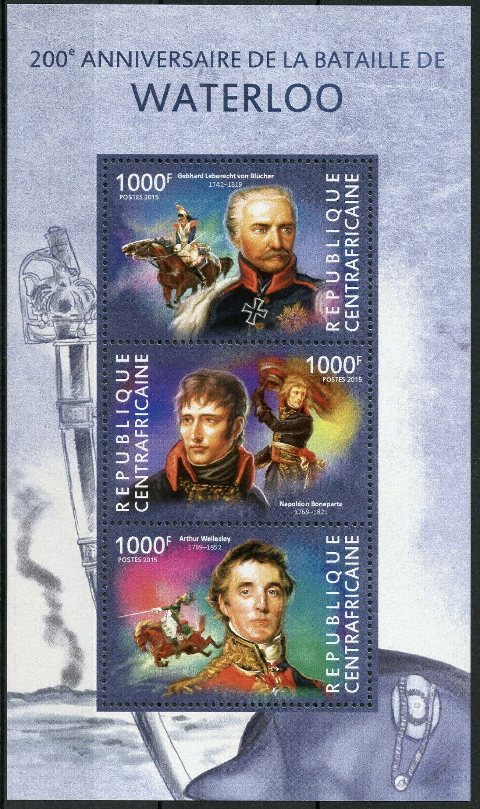 Central African Rep Military Stamps 2015 MNH Battle of Waterloo Napoleon 3v M/S