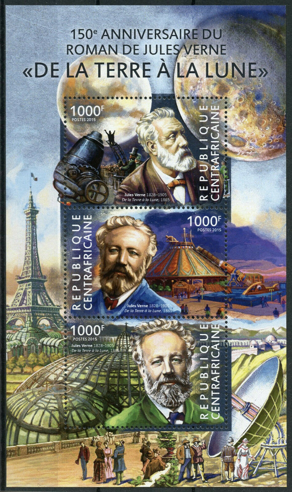 Central African Rep 2015 MNH Famous People Stamps Jules Verne Writers 3v M/S