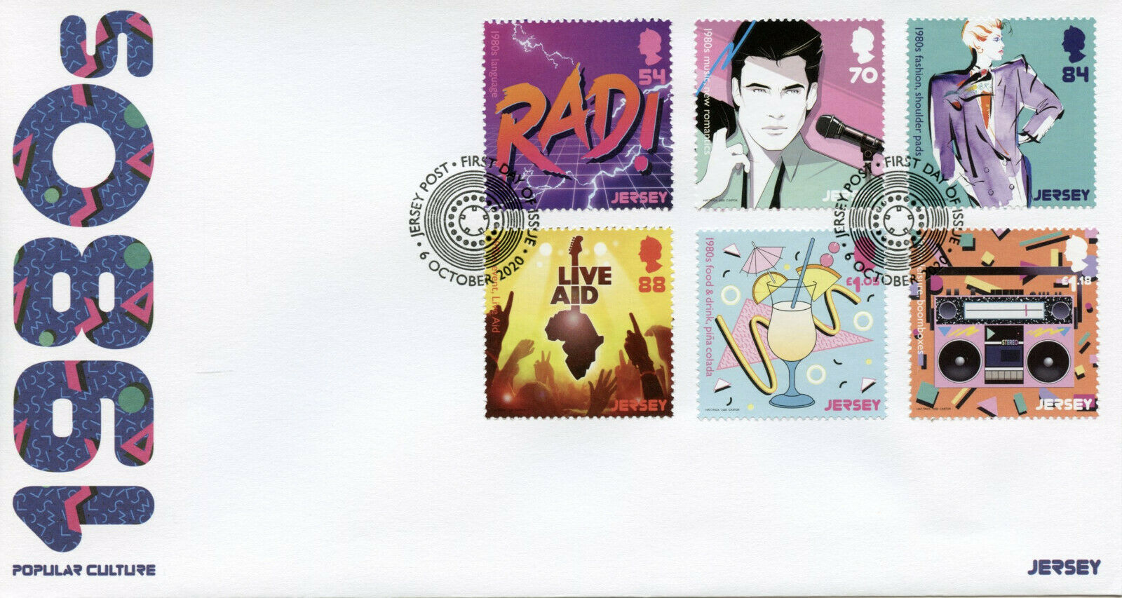 Jersey Music Stamps 2020 FDC 80s 1980s Popular Culture Fashion Gastronomy 6v Set