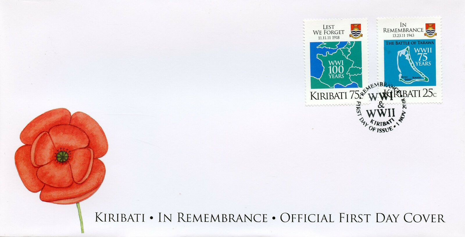 Kiribati 2018 FDC - WWI WW1 WWII WW2 In Remembrance - Military War - 2v Set