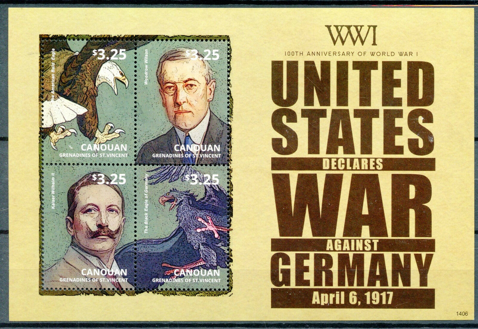 Canouan Gren St Vincent Stamps 2014 MNH WWI WW1 US Declares War Germany 4v M/S