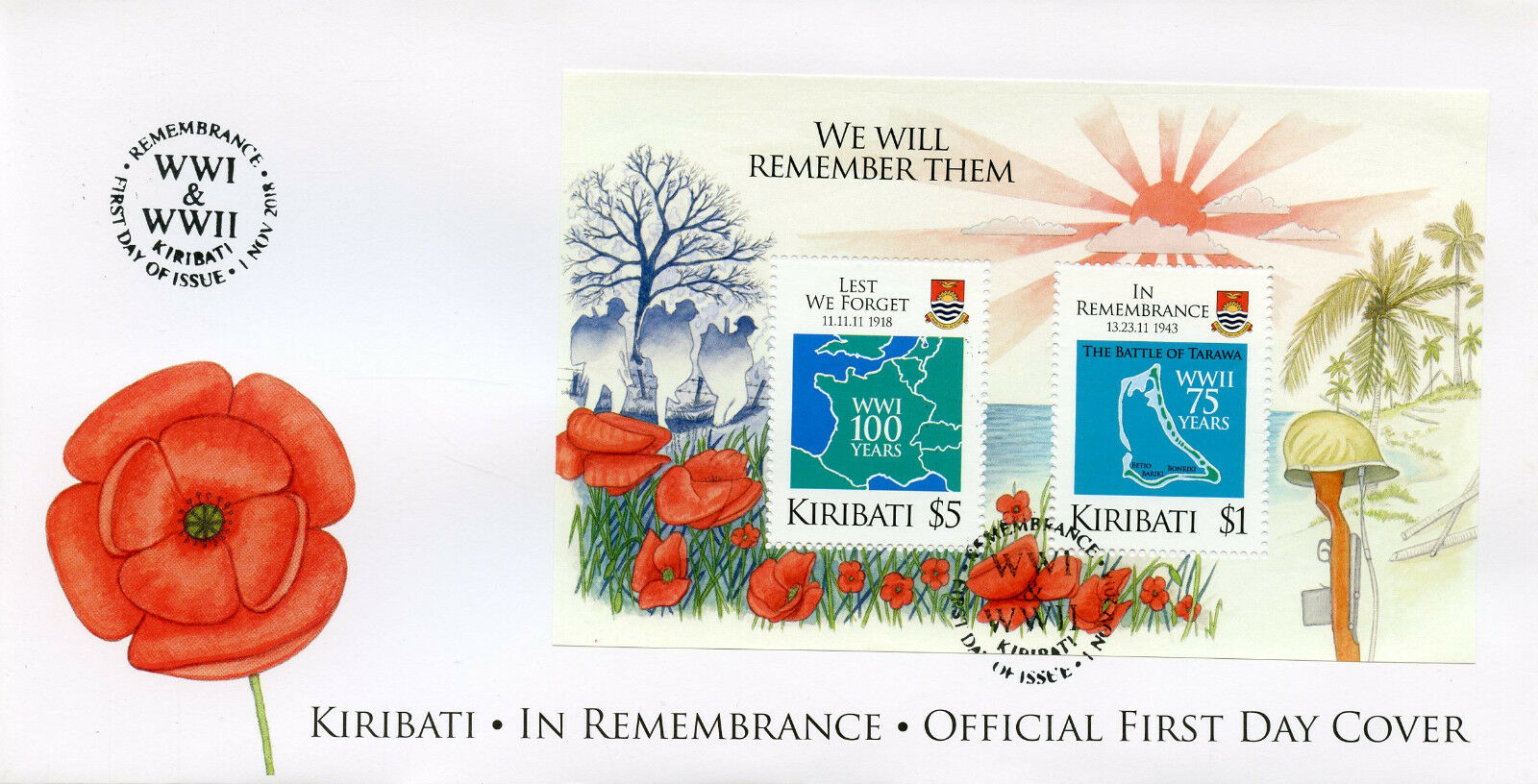Kiribati 2018 FDC - WWI WW1 WWII WW2 Remembrance - Military War - 2v M/S