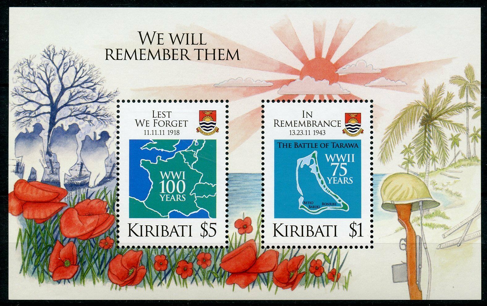 Kiribati 2018 MNH Military & War Stamps WWI WW1 WWII WW2 In Remembrance 2v M/S Stamps