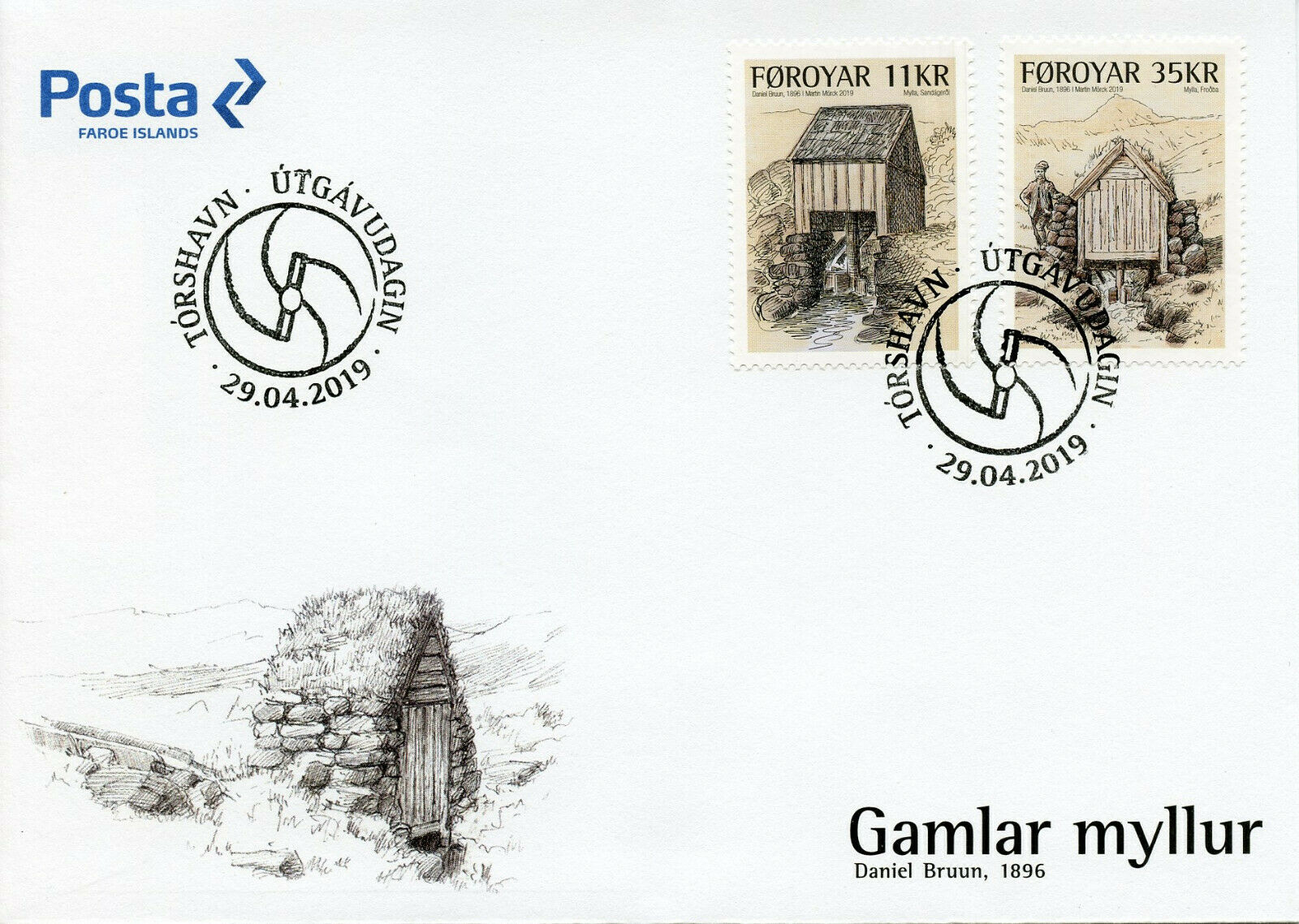 Faroe Islands Faroes 2019 FDC Old Watermills 2v Set Cover Architecture Stamps