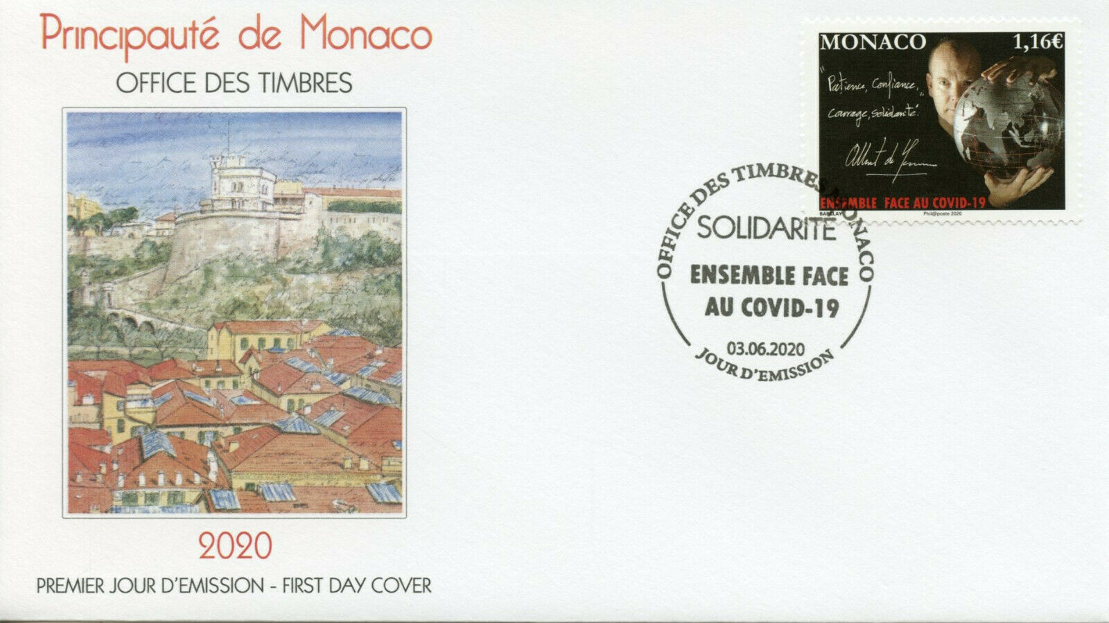 Monaco Medical Stamps 2020 FDC Solidarity Corona Prince Albert II Royalty 1v Set