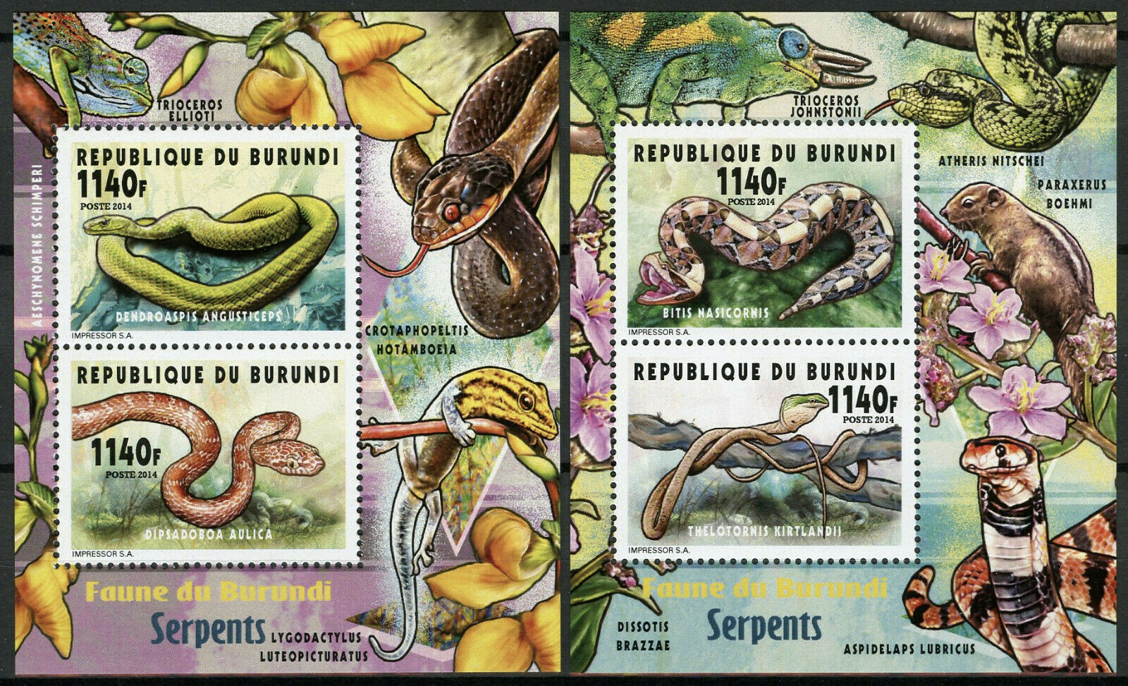 Burundi 2014 MNH Fauna Snakes 2x 2v Deluxe M/S Reptiles Stamps