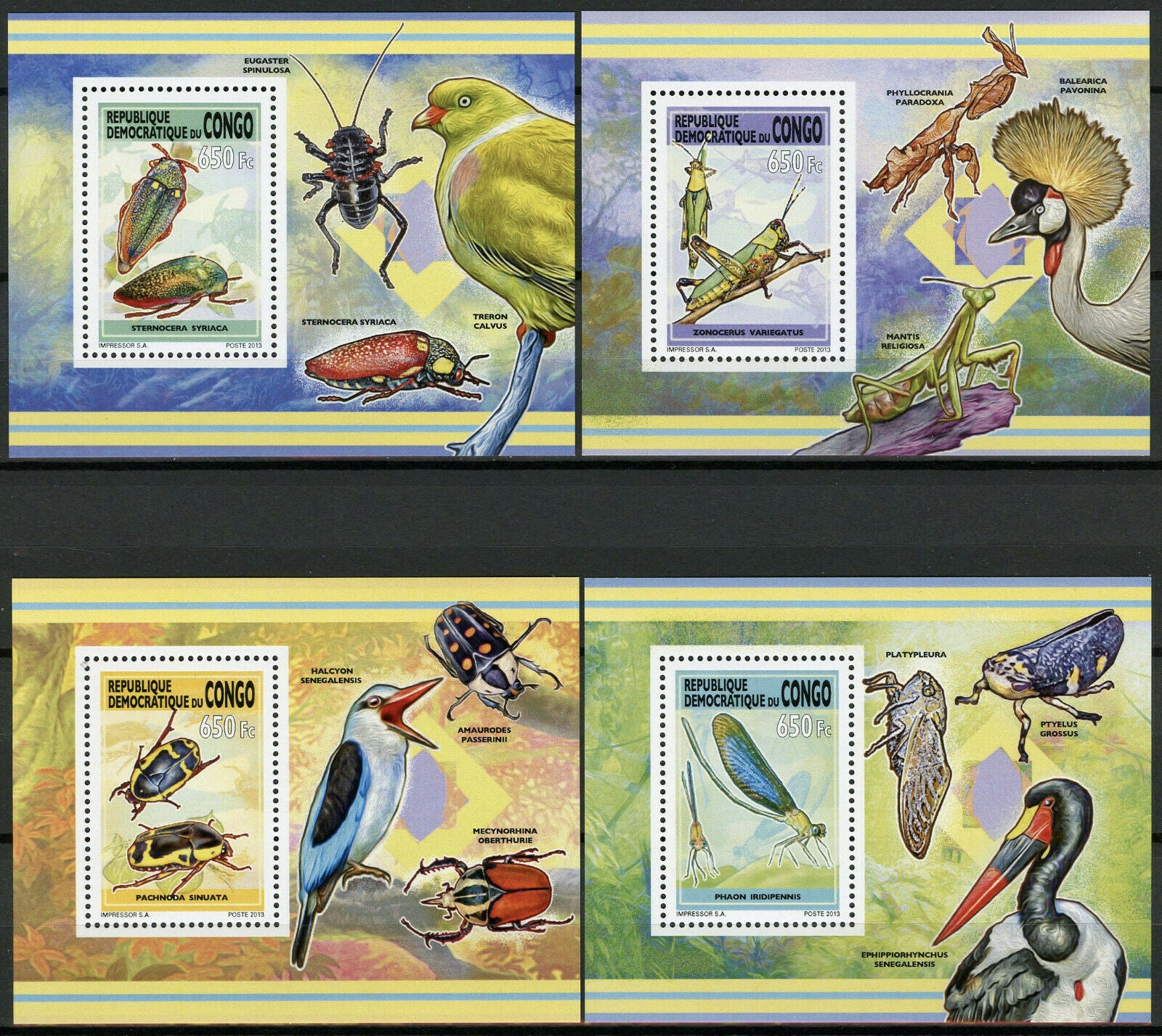 Congo 2013 MNH Insects Damselflies Beetles Grasshoppers 8x 1v Deluxe S/S Stamps