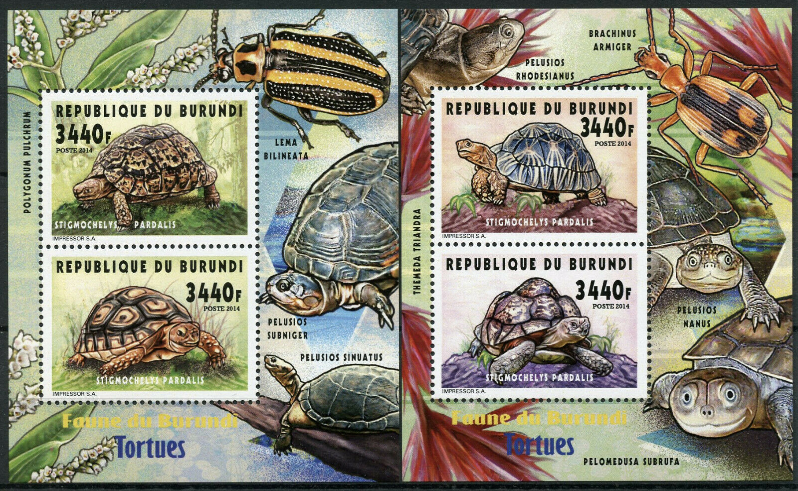 Burundi 2014 MNH Fauna Turtles Leopard Tortoise 2x 2v Deluxe M/S Reptiles Stamps
