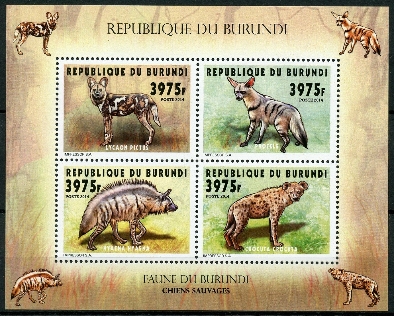 Burundi 2014 MNH Fauna Wild Dogs Hyenas 4v M/S Wild Animals Stamps