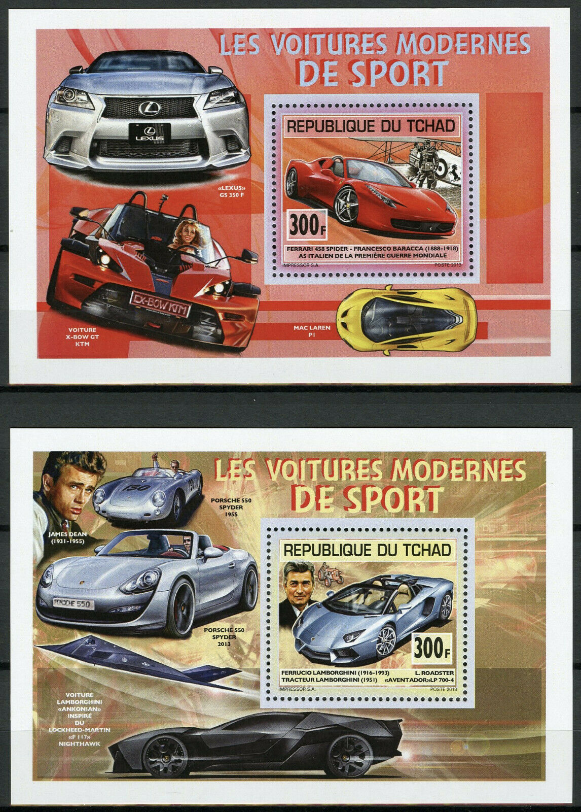 Chad 2013 MNH Modern Sports Cars Ferrari Lamborghini 2x 1v Deluxe S/S Stamps