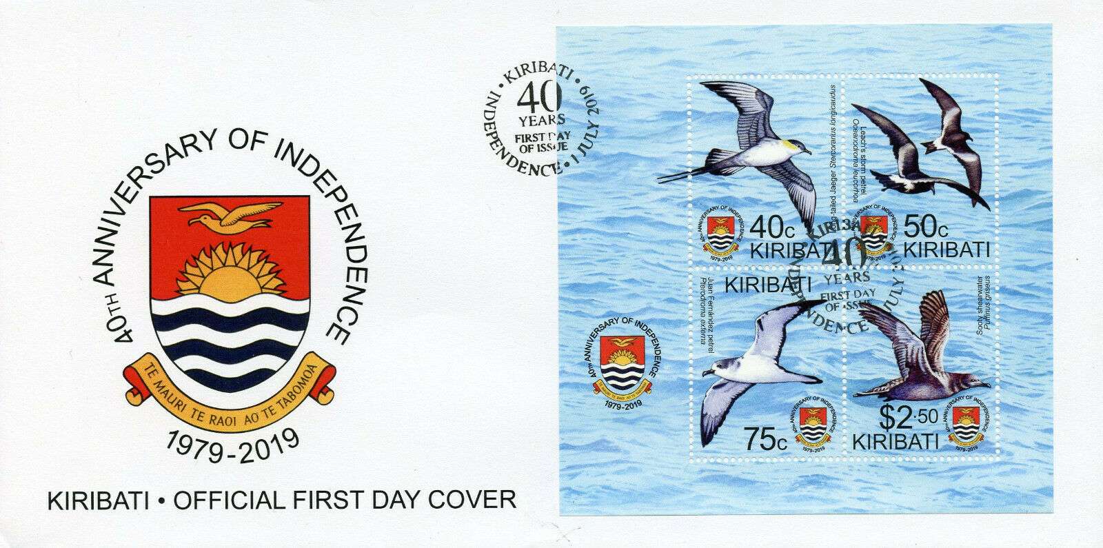Kiribati 2019 FDC - Independence 40th Anniv - Petrels Shearwaters Birds - 4v M/S