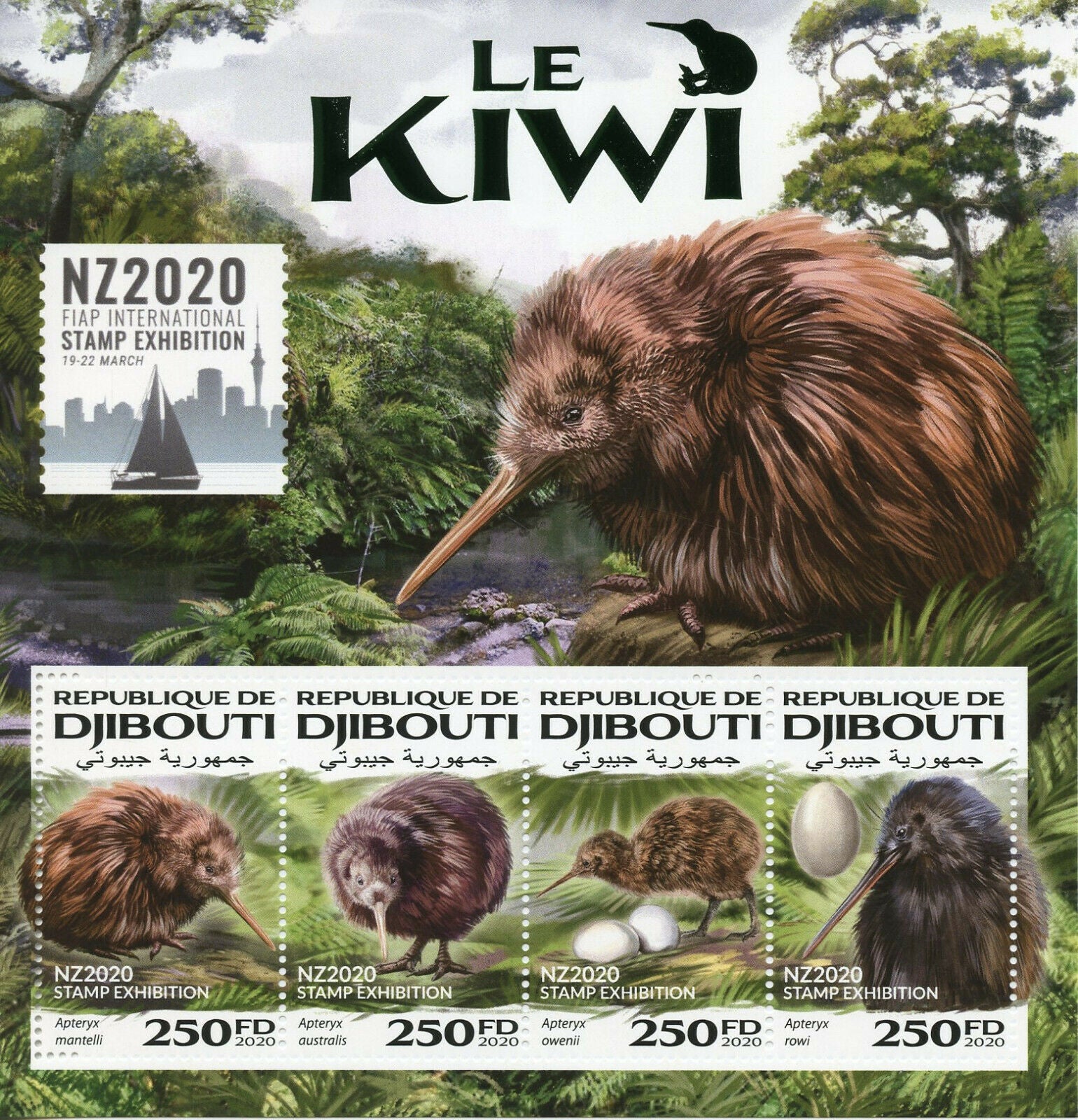 Djibouti 2020 MNH Birds on Stamps Kiwi Kiwis NZ2020 Stamp Exhibition 4v M/S