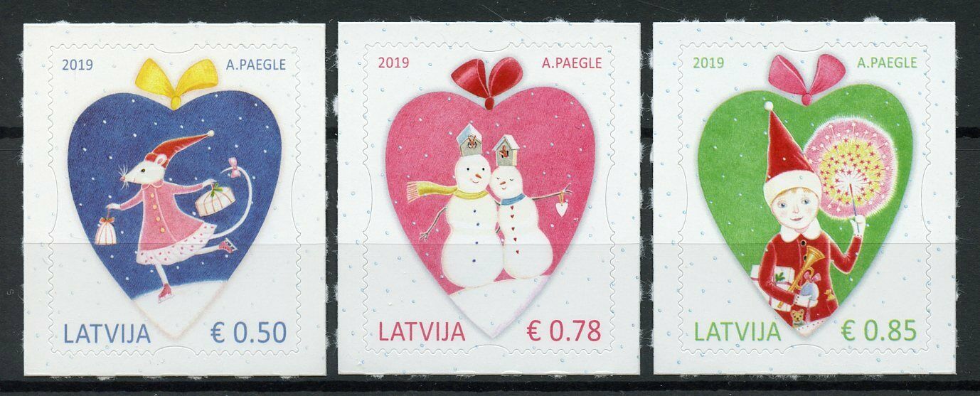 Latvia Christmas Stamps 2019 MNH Snowman Hearts Decorations 3v S/A Set