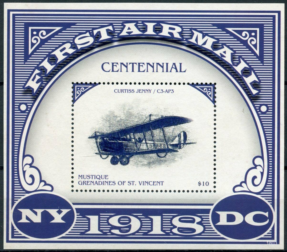 Mustique Gren St Vincent Stamps 2018 MNH First Airmail Curtiss Jenny 1v S/S