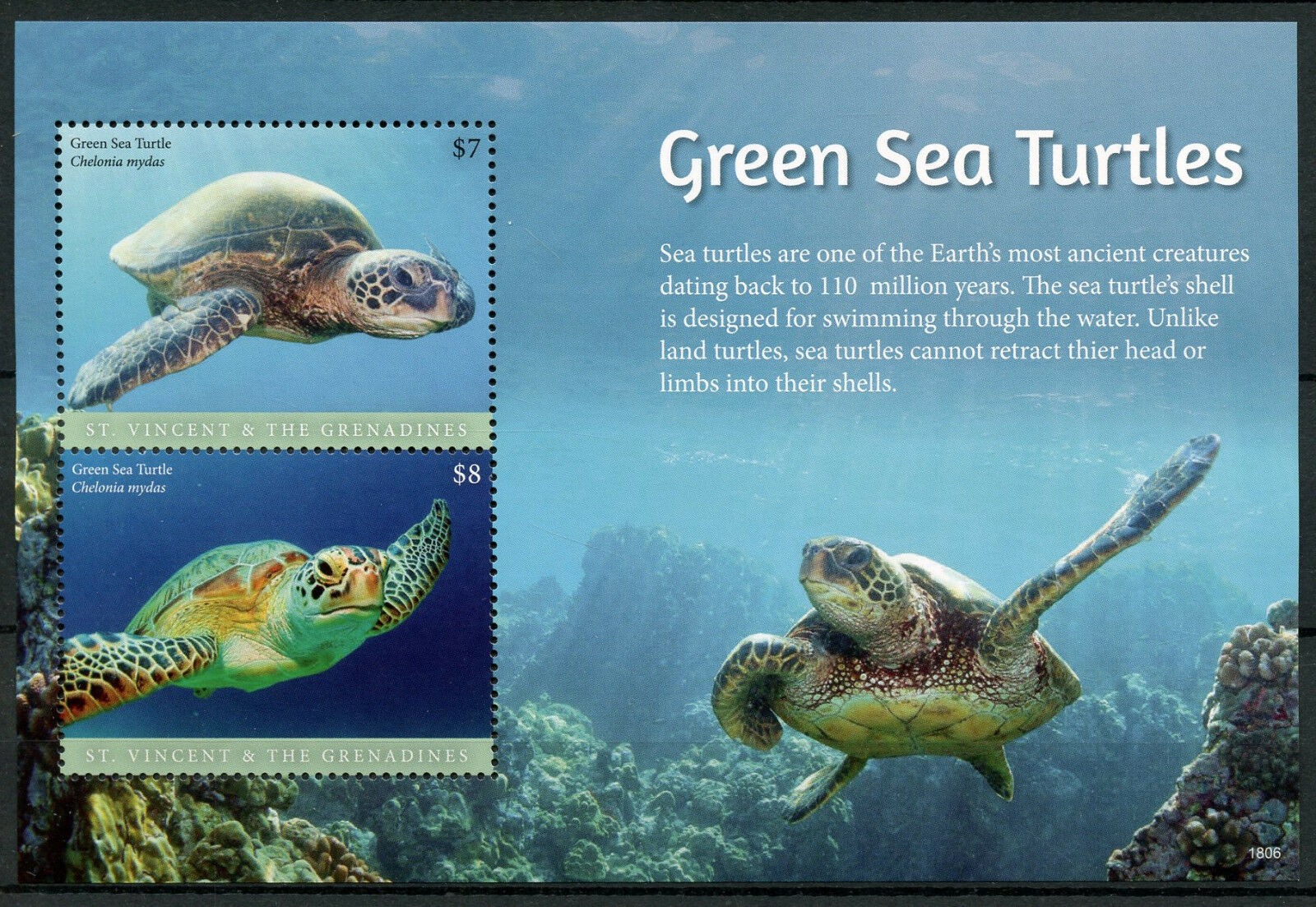 St Vincent & Grenadines 2018 MNH Green Sea Turtles 2v S/S Turtle Reptiles Stamps