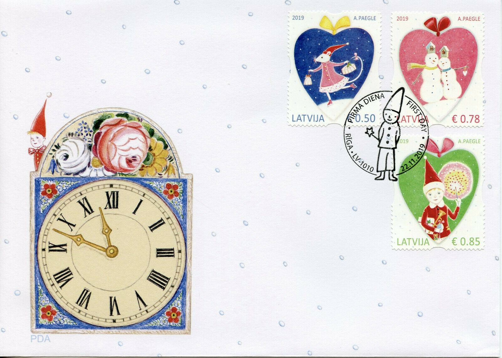 Latvia Christmas Stamps 2019 FDC Snowman Hearts Decorations 3v S/A Set