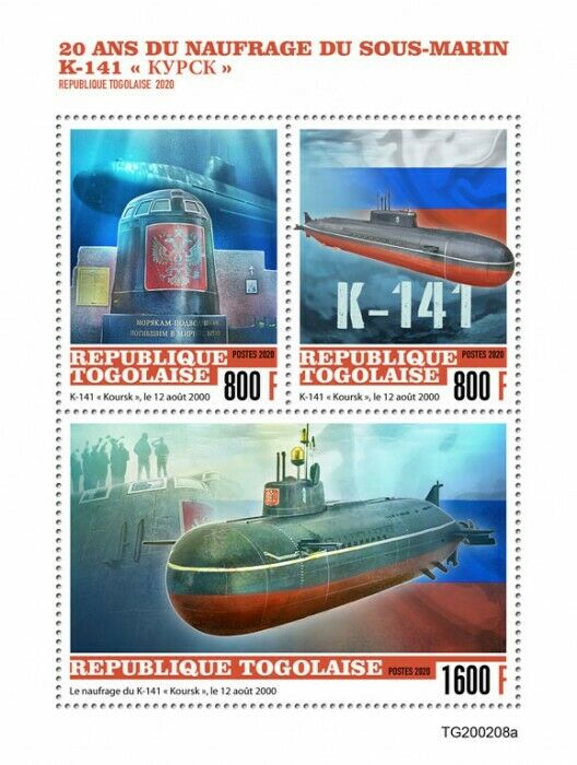 Togo Ships Stamps 2020 MNH Submarines Sinking K-141 Kursk Submarine 3v M/S