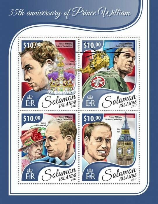 Solomon Islands Royalty Stamps 2017 MNH Prince William Queen Elizabeth II 4v M/S