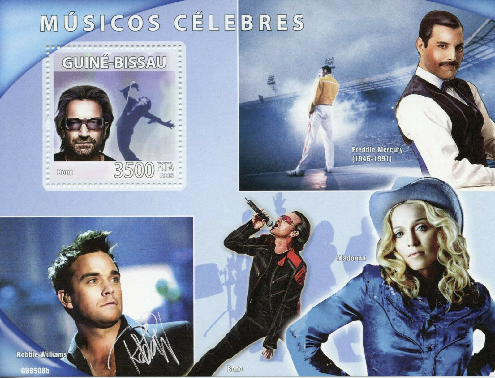 Guinea-Bissau Music Stamps 2008 MNH Bono U2 Freddie Mercury Queen People 1v S/S