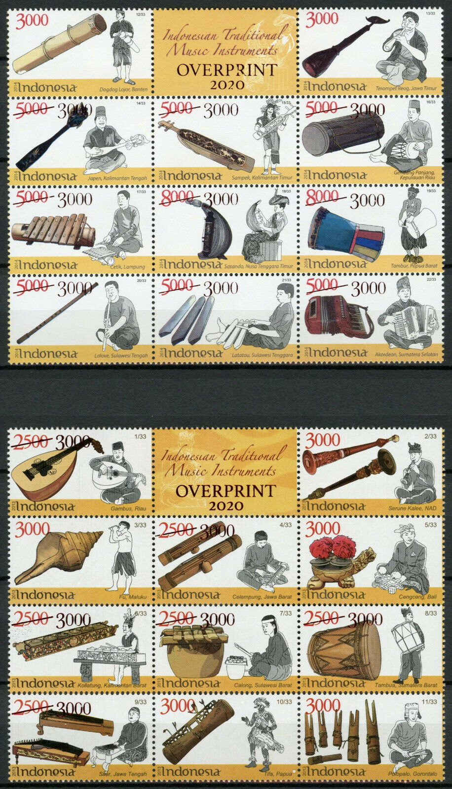 Indonesia Music Stamps 2020 MNH Trad Musical Instruments OVPT 2x 11v Block A