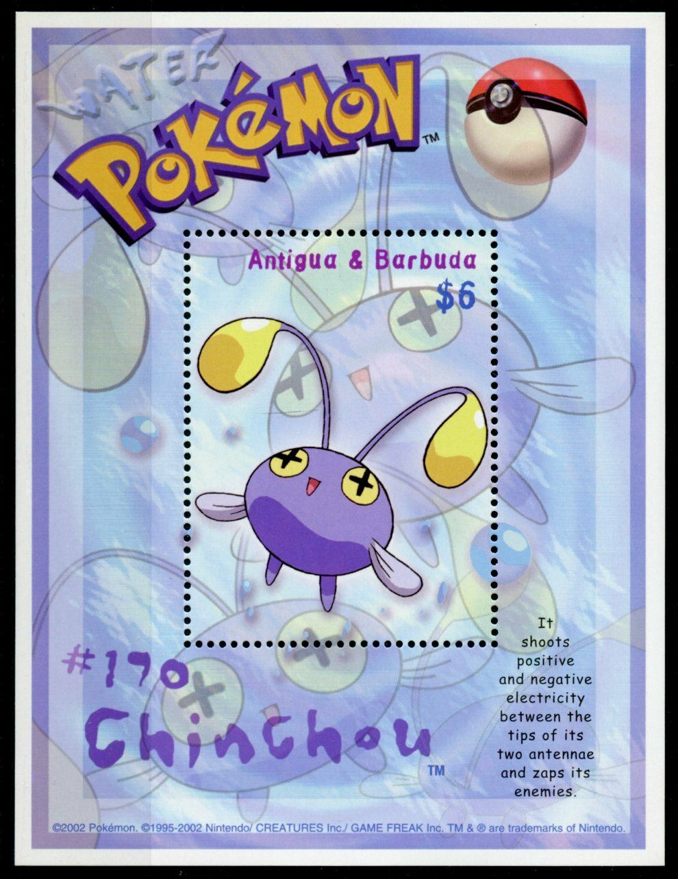 Antigua & Barbuda Pokemon Stamps 2002 MNH #170 Chinchou 1v S/S